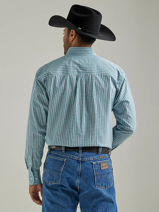 George Strait Long Sleeve Button Down One Pocket Plaid Shirt Men Wrangler RHXV319 Clothing Aqua Sea Tattersal (112327804)