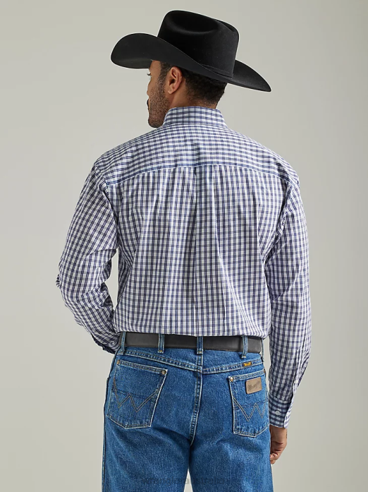 George Strait Long Sleeve Button Down One Pocket Plaid Shirt Men Wrangler RHXV320 Clothing Chunky Indigo (112327827)