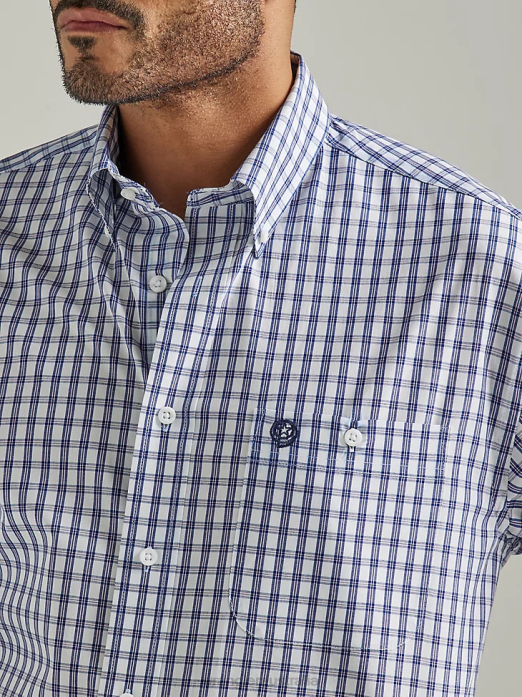George Strait Long Sleeve Button Down One Pocket Plaid Shirt Men Wrangler RHXV320 Clothing Chunky Indigo (112327827)