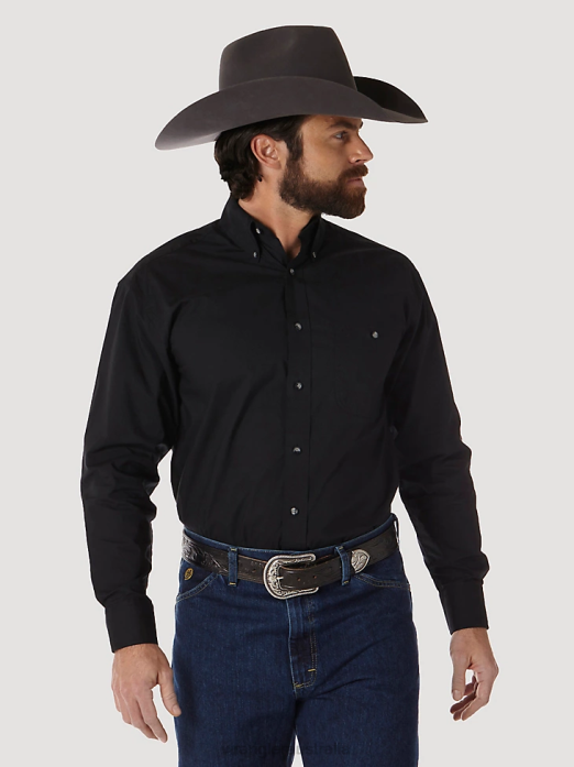 George Strait Long Sleeve Button Down Solid Shirt Men Wrangler RHXV292 Clothing Black (MGS269X)