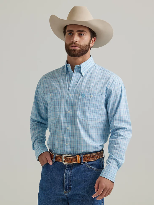George Strait Long Sleeve Button Down Two Pocket Plaid Shirt Men Wrangler RHXV323 Clothing Baby Blue (112324886)