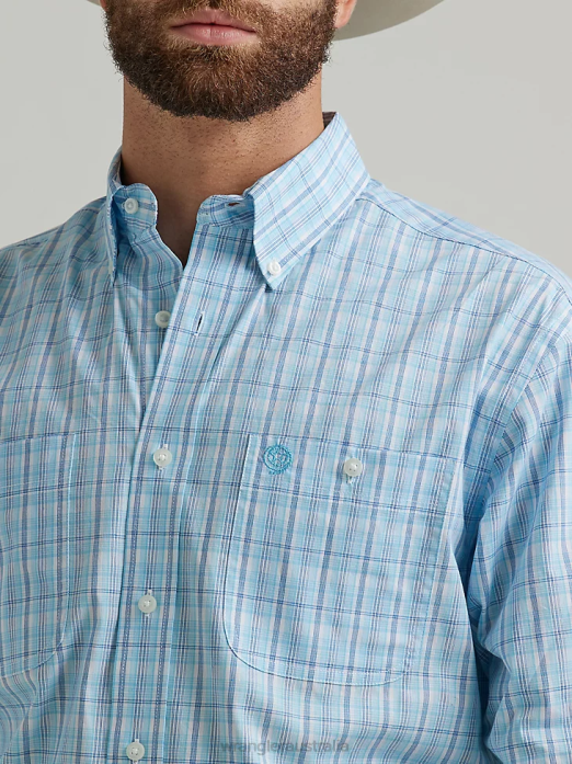 George Strait Long Sleeve Button Down Two Pocket Plaid Shirt Men Wrangler RHXV323 Clothing Baby Blue (112324886)