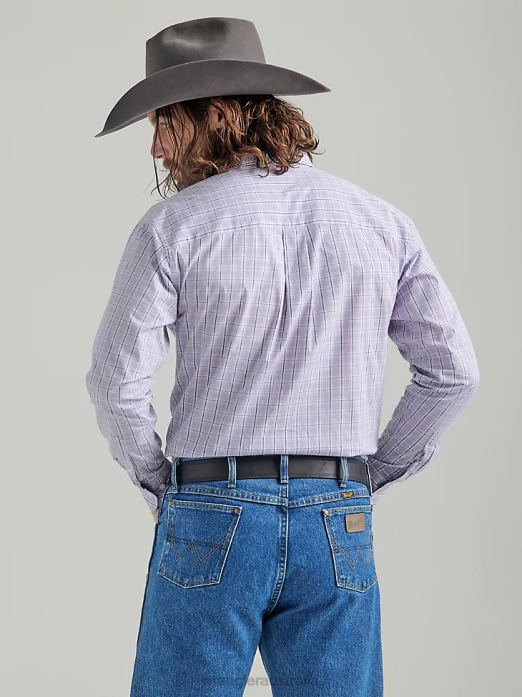 George Strait Long Sleeve Button Down Two Pocket Plaid Shirt Men Wrangler RHXV324 Clothing Lilac (112324814)