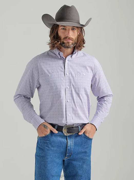 George Strait Long Sleeve Button Down Two Pocket Plaid Shirt Men Wrangler RHXV324 Clothing Lilac (112324814)