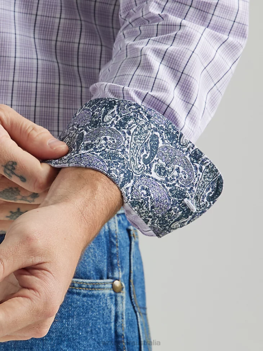 George Strait Long Sleeve Button Down Two Pocket Plaid Shirt Men Wrangler RHXV324 Clothing Lilac (112324814)