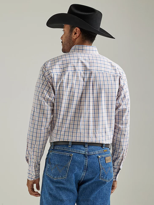 George Strait Long Sleeve Button Down Two Pocket Plaid Shirt Men Wrangler RHXV326 Clothing Orange Peel Madras (112327839)