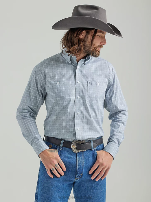 George Strait Long Sleeve Two Pocket Button Down Print Shirt Men Wrangler RHXV367 Clothing Grey (112324885)