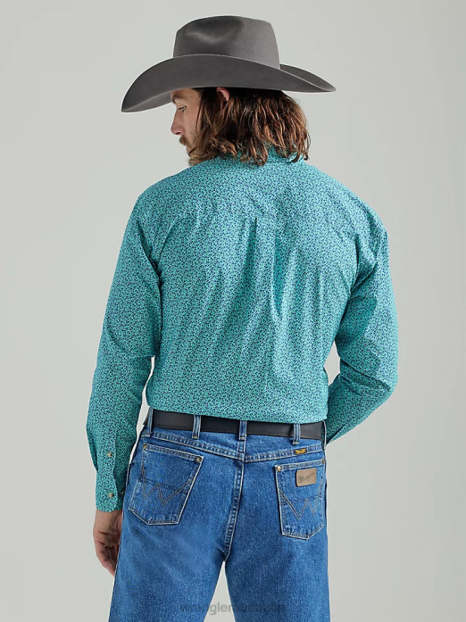 George Strait Long Sleeve Two Pocket Button Down Print Shirt Men Wrangler RHXV368 Clothing Teal Flowers (112324889)