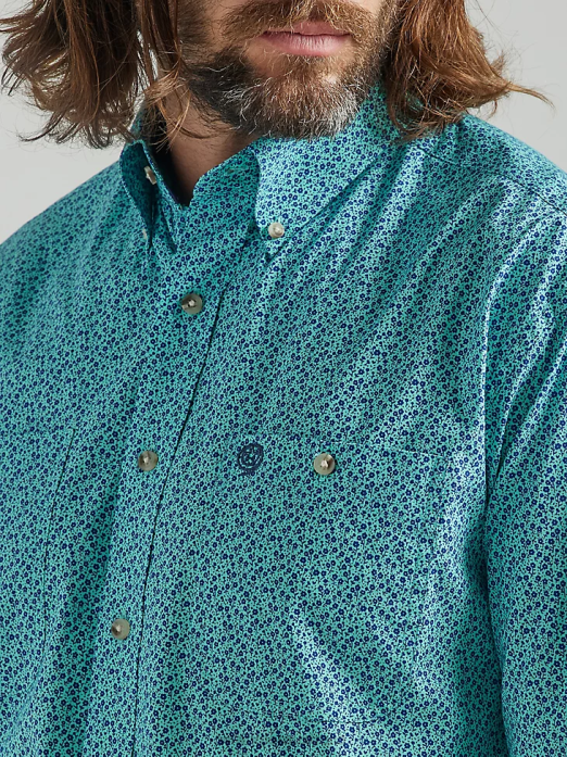 George Strait Long Sleeve Two Pocket Button Down Print Shirt Men Wrangler RHXV368 Clothing Teal Flowers (112324889)