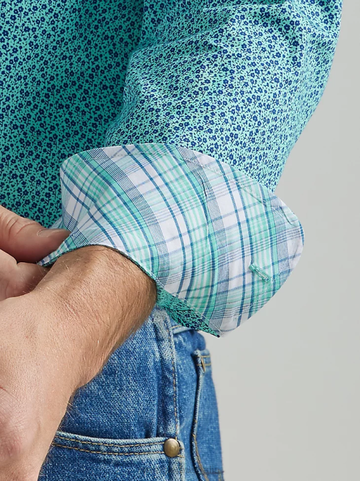George Strait Long Sleeve Two Pocket Button Down Print Shirt Men Wrangler RHXV368 Clothing Teal Flowers (112324889)