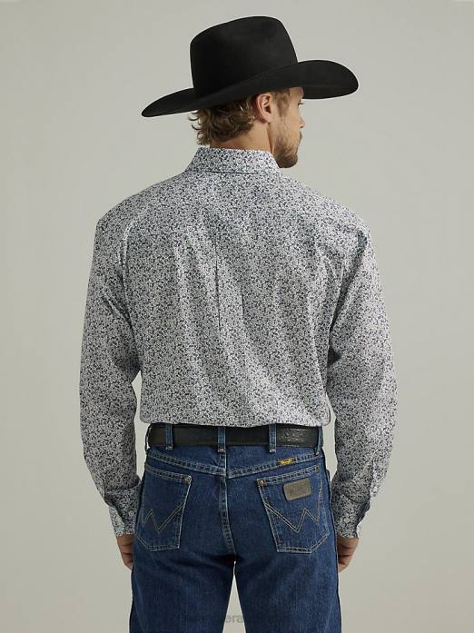 George Strait Long Sleeve Two Pocket Button Down Print Shirt Men Wrangler RHXV369 Clothing Indigo Scroll (112328238)