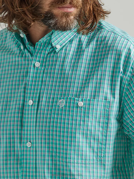 George Strait Short Sleeve 1 Pocket Button Down Plaid Shirt Men Wrangler RHXV307 Clothing Teal (112324874)
