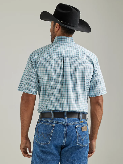 George Strait Short Sleeve 1 Pocket Button Down Plaid Shirt Men Wrangler RHXV309 Clothing True Aqua Plaid (112327820)