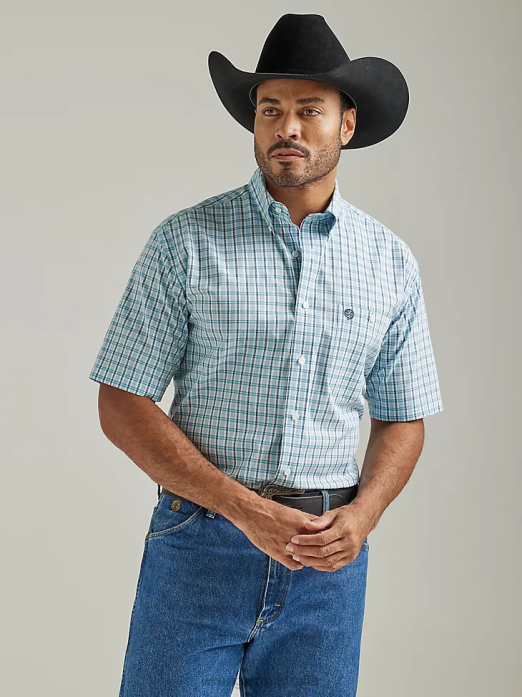 George Strait Short Sleeve 1 Pocket Button Down Plaid Shirt Men Wrangler RHXV309 Clothing True Aqua Plaid (112327820)