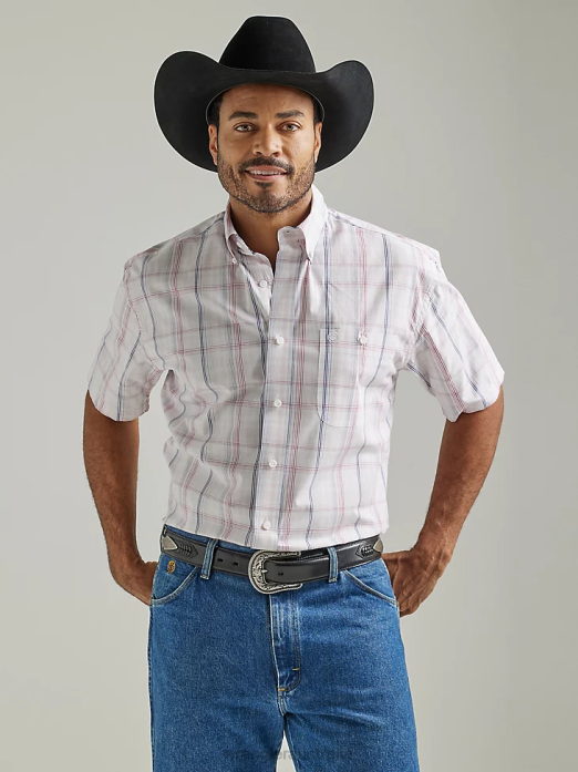 George Strait Short Sleeve 1 Pocket Button Down Plaid Shirt Men Wrangler RHXV310 Clothing Pastel Pink Plaid (112327817)