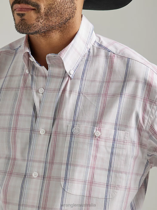 George Strait Short Sleeve 1 Pocket Button Down Plaid Shirt Men Wrangler RHXV310 Clothing Pastel Pink Plaid (112327817)