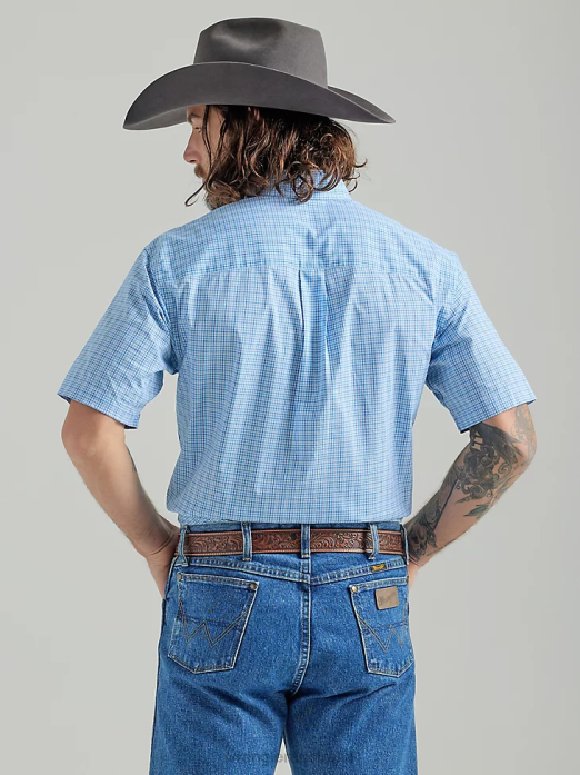 George Strait Short Sleeve 2 Pocket Button Down Plaid Shirt Men Wrangler RHXV333 Clothing Baby Blue (112324897)