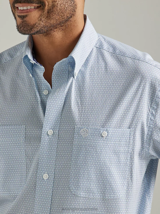 George Strait Short Sleeve 2 Pocket Button Down Print Shirt Men Wrangler RHXV365 Clothing Lightly Blue (112327814)