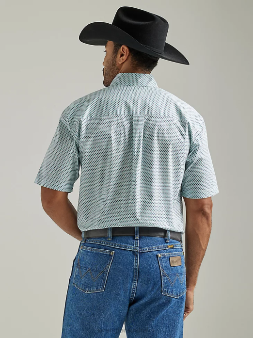 George Strait Short Sleeve Button Down One Pocket Print Shirt Men Wrangler RHXV301 Clothing Aqua Board (112327821)
