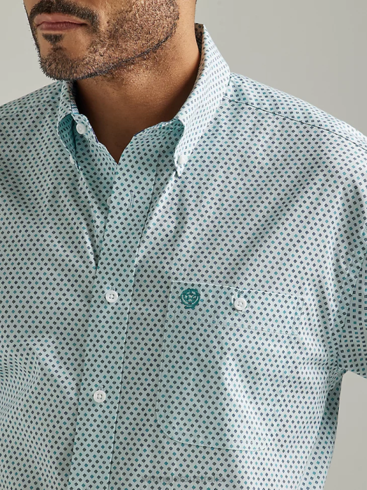 George Strait Short Sleeve Button Down One Pocket Print Shirt Men Wrangler RHXV301 Clothing Aqua Board (112327821)