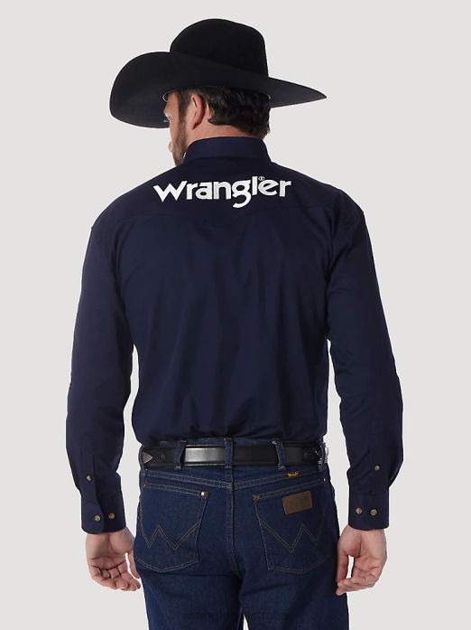 Logo Long Sleeve Button Down Solid Shirt Men Wrangler RHXV395 Clothing Navy (MP2327N)