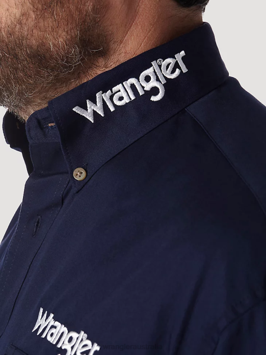 Logo Long Sleeve Button Down Solid Shirt Men Wrangler RHXV395 Clothing Navy (MP2327N)