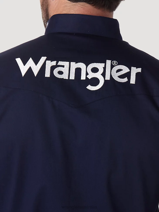 Logo Long Sleeve Button Down Solid Shirt Men Wrangler RHXV395 Clothing Navy (MP2327N)