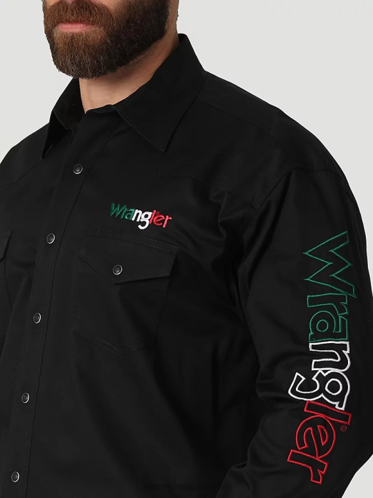 Logo Long Sleeve Button Down Solid Shirt Men Wrangler RHXV396 Clothing Black (112317124)