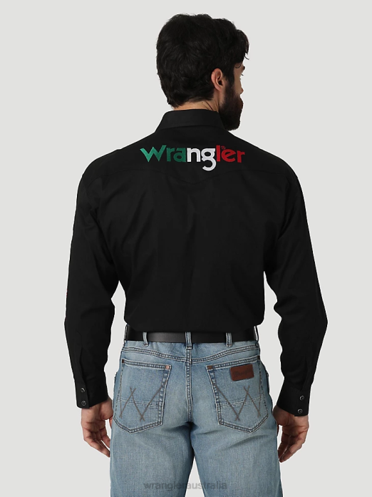 Logo Long Sleeve Button Down Solid Shirt Men Wrangler RHXV396 Clothing Black (112317124)