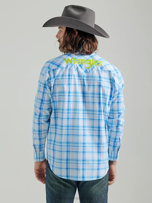 Logo Long Sleeve Western Snap Plaid Shirt Men Wrangler RHXV497 Clothing Sea Blue (112324644)