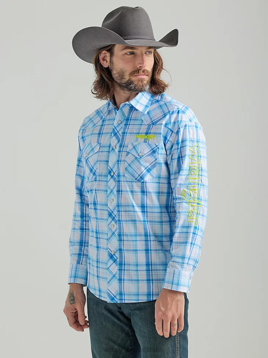 Logo Long Sleeve Western Snap Plaid Shirt Men Wrangler RHXV497 Clothing Sea Blue (112324644)