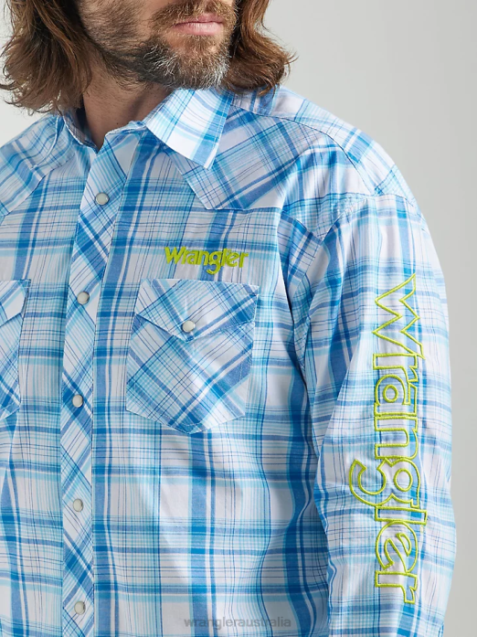 Logo Long Sleeve Western Snap Plaid Shirt Men Wrangler RHXV497 Clothing Sea Blue (112324644)