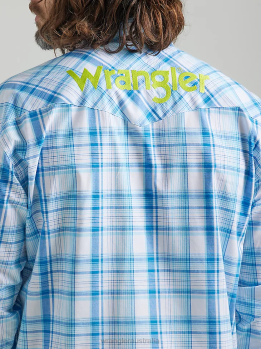 Logo Long Sleeve Western Snap Plaid Shirt Men Wrangler RHXV497 Clothing Sea Blue (112324644)