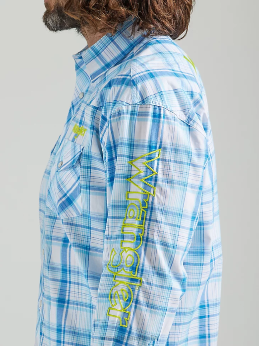 Logo Long Sleeve Western Snap Plaid Shirt Men Wrangler RHXV497 Clothing Sea Blue (112324644)
