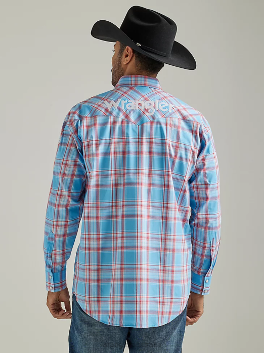 Logo Long Sleeve Western Snap Plaid Shirt Men Wrangler RHXV498 Clothing Sunny Blue (112327776)