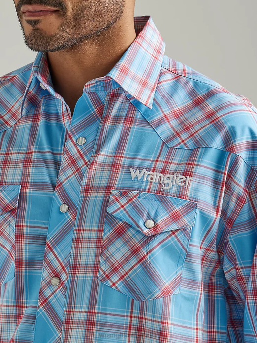 Logo Long Sleeve Western Snap Plaid Shirt Men Wrangler RHXV498 Clothing Sunny Blue (112327776)
