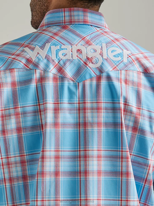 Logo Long Sleeve Western Snap Plaid Shirt Men Wrangler RHXV498 Clothing Sunny Blue (112327776)