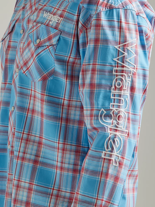 Logo Long Sleeve Western Snap Plaid Shirt Men Wrangler RHXV498 Clothing Sunny Blue (112327776)