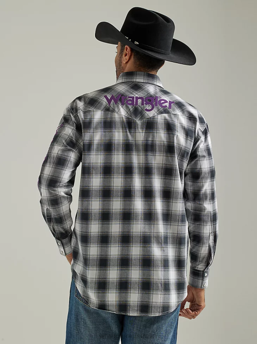 Logo Long Sleeve Western Snap Plaid Shirt Men Wrangler RHXV499 Clothing Black White Buffalo (112327777)