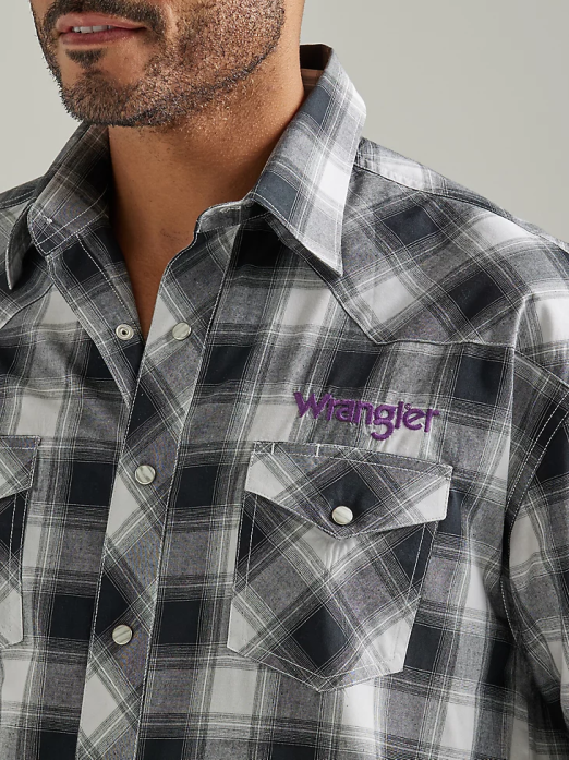 Logo Long Sleeve Western Snap Plaid Shirt Men Wrangler RHXV499 Clothing Black White Buffalo (112327777)