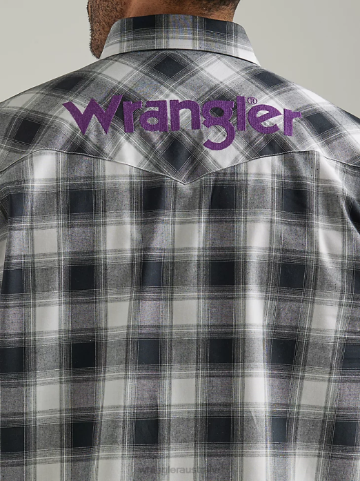 Logo Long Sleeve Western Snap Plaid Shirt Men Wrangler RHXV499 Clothing Black White Buffalo (112327777)
