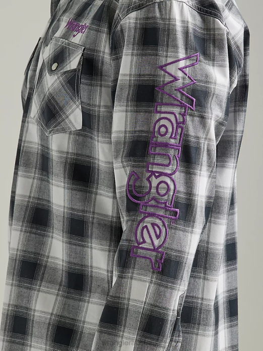 Logo Long Sleeve Western Snap Plaid Shirt Men Wrangler RHXV499 Clothing Black White Buffalo (112327777)