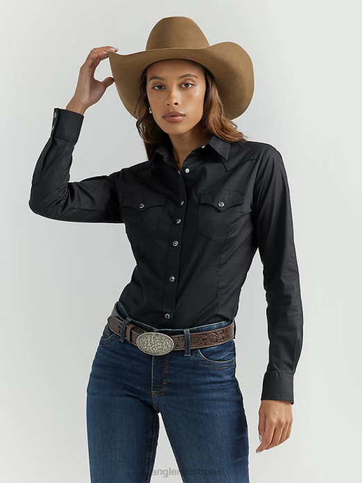 Long Sleeve One Point Front and Back Yokes Solid Top Women Wrangler RHXV888 Clothing Black (LW1002X)