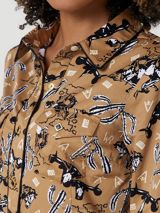 Long Sleeve One Point Front and Back Yokes Solid Top Women Wrangler RHXV888 Clothing Black (LW1002X)