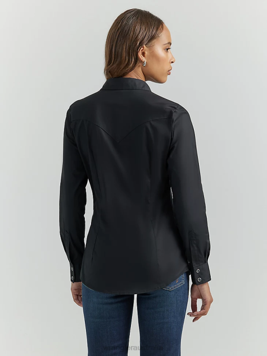 Long Sleeve One Point Front and Back Yokes Solid Top Women Wrangler RHXV888 Clothing Black (LW1002X)