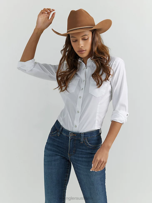 Long Sleeve One Point Front and Back Yokes Solid Top Women Wrangler RHXV889 Clothing White (LW1001W)