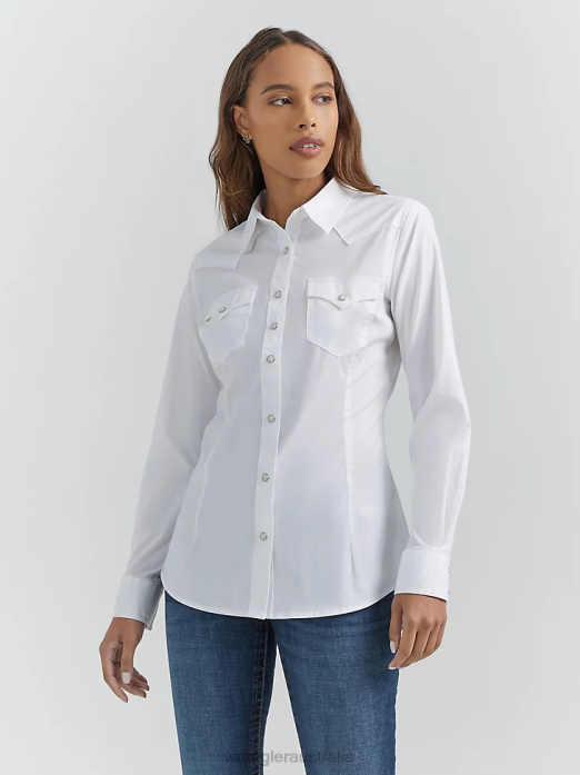 Long Sleeve One Point Front and Back Yokes Solid Top Women Wrangler RHXV889 Clothing White (LW1001W)