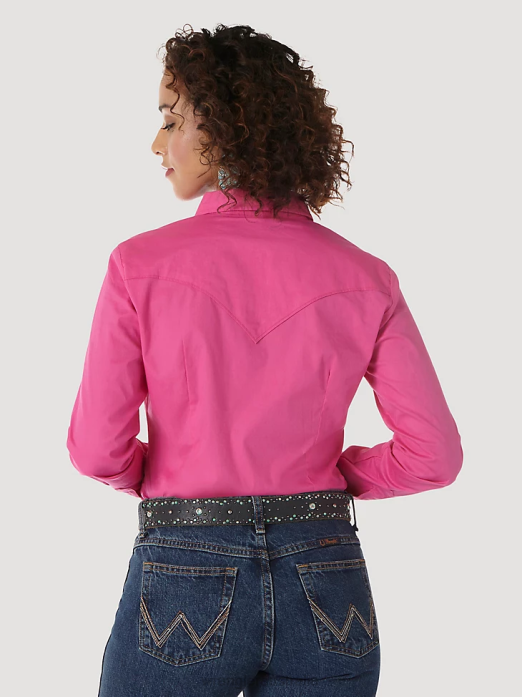 Long Sleeve One Point Front and Back Yokes Solid Top Women Wrangler RHXV891 Clothing Pink (LW1003K)