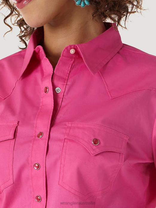 Long Sleeve One Point Front and Back Yokes Solid Top Women Wrangler RHXV891 Clothing Pink (LW1003K)