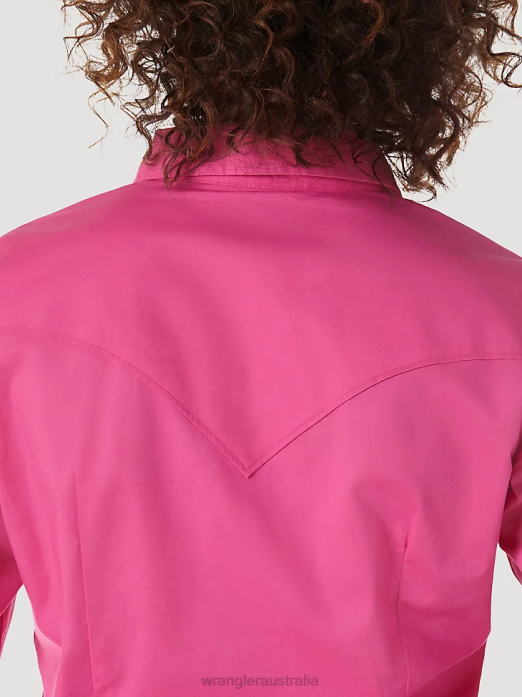 Long Sleeve One Point Front and Back Yokes Solid Top Women Wrangler RHXV891 Clothing Pink (LW1003K)